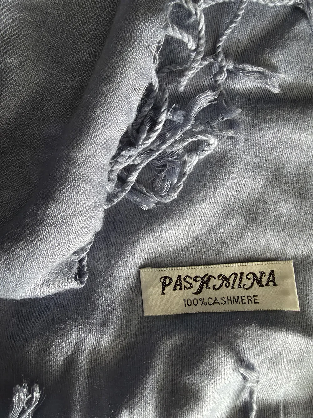 pashmina Light Blue Cashmere Scarf with Fringe